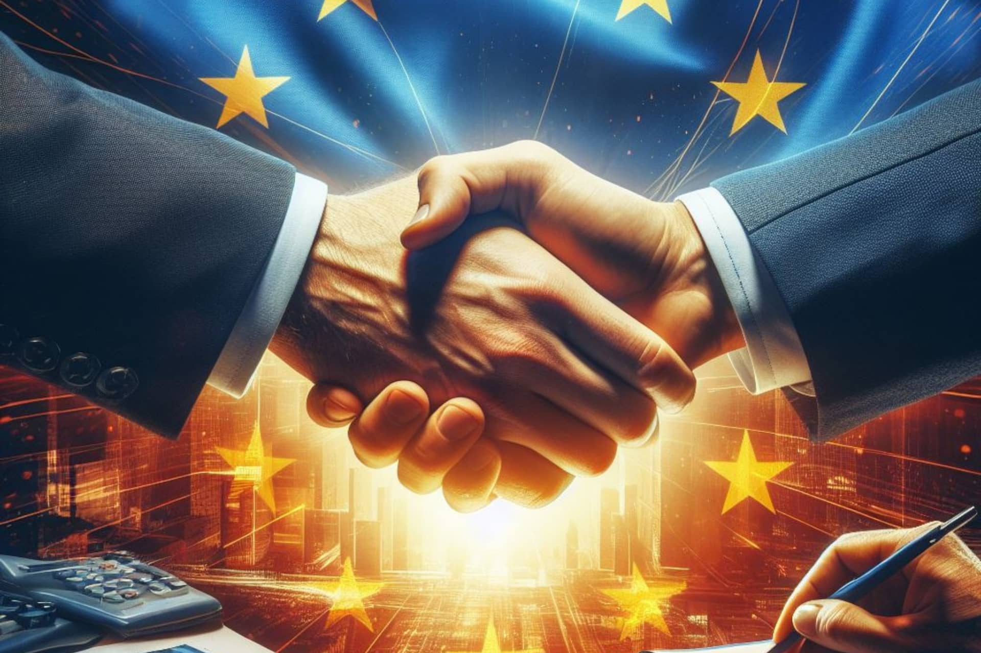 Dłonie dwóch biznesmenów w uścisku, na tle symbolu UE (zmiana siedziby spółki)