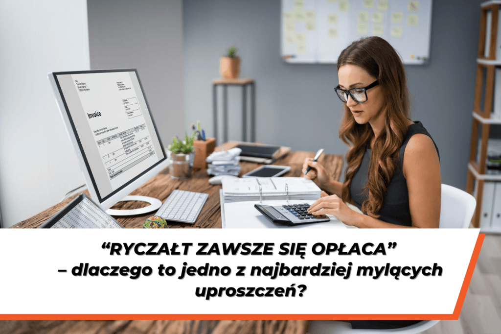 Kobieta przy biurku analizuje fakturę i liczy na kalkulatorze – grafika ilustrująca temat „podatek ryczałtowy i jego opłacalność w działalności gospodarczej”.