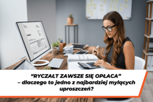 Kobieta przy biurku analizuje fakturę i liczy na kalkulatorze – grafika ilustrująca temat „podatek ryczałtowy i jego opłacalność w działalności gospodarczej”.